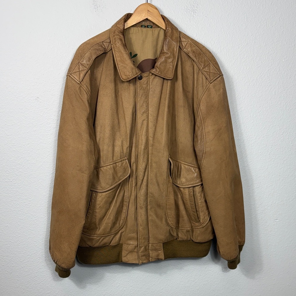 Vintage 90's Hunt Club Mens Tan Leather Bomber Jacket